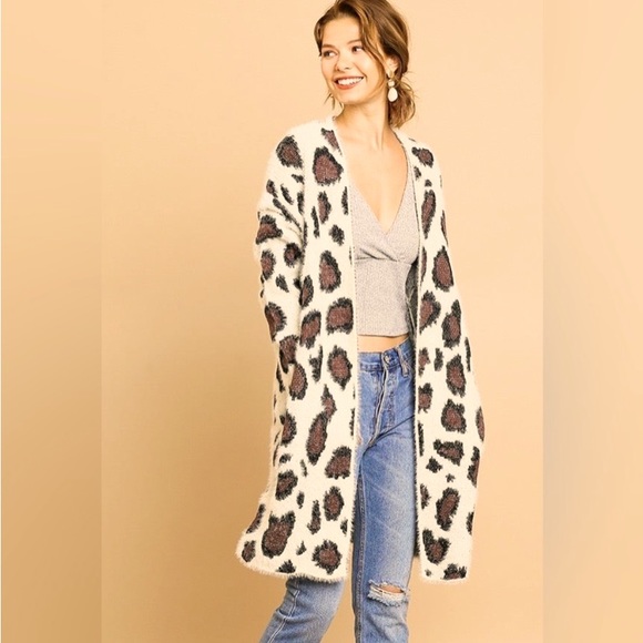 Umgee Fuzzy Eyelash Leopard Longline Open Front Cardi Cardigan Sweater - Picture 3 of 13